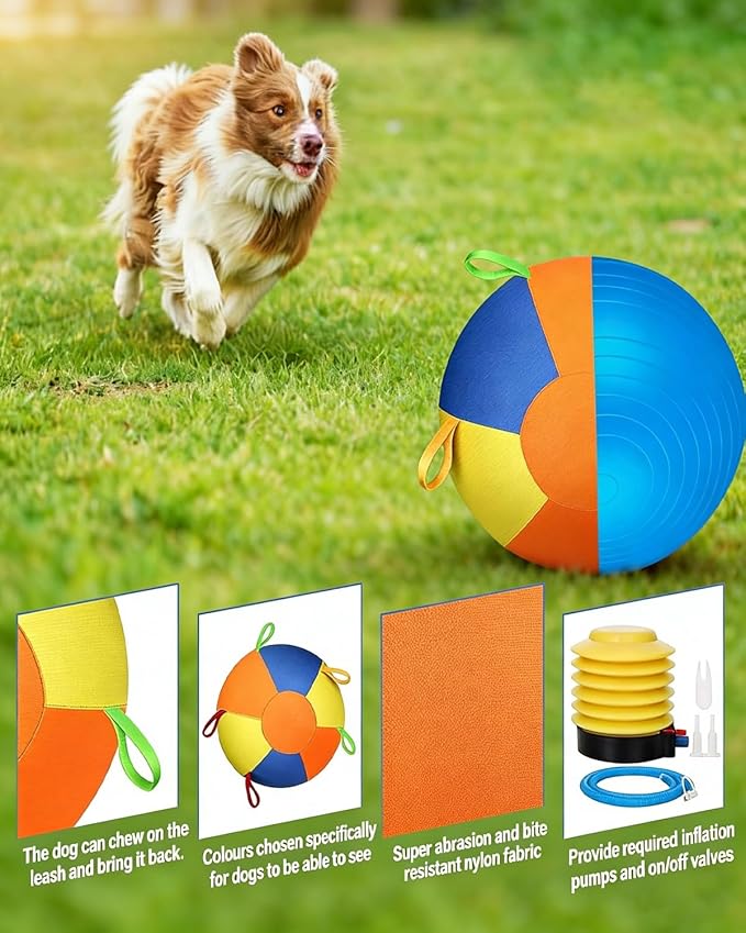 🐾10/18/22" Herding Ball for Dogs & Horses - Tear-Resistant Inflatable Toy with Heavy-Duty Handle Cover & Pump - Durable Exercise Ball for Large Pets