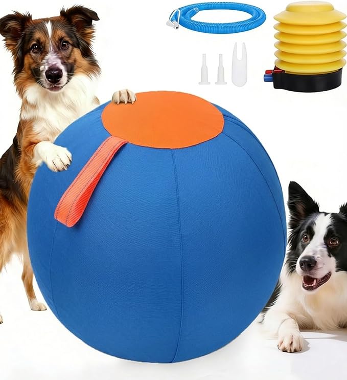 🐾10/18/22" Herding Ball for Dogs & Horses - Tear-Resistant Inflatable Toy with Heavy-Duty Handle Cover & Pump - Durable Exercise Ball for Large Pets